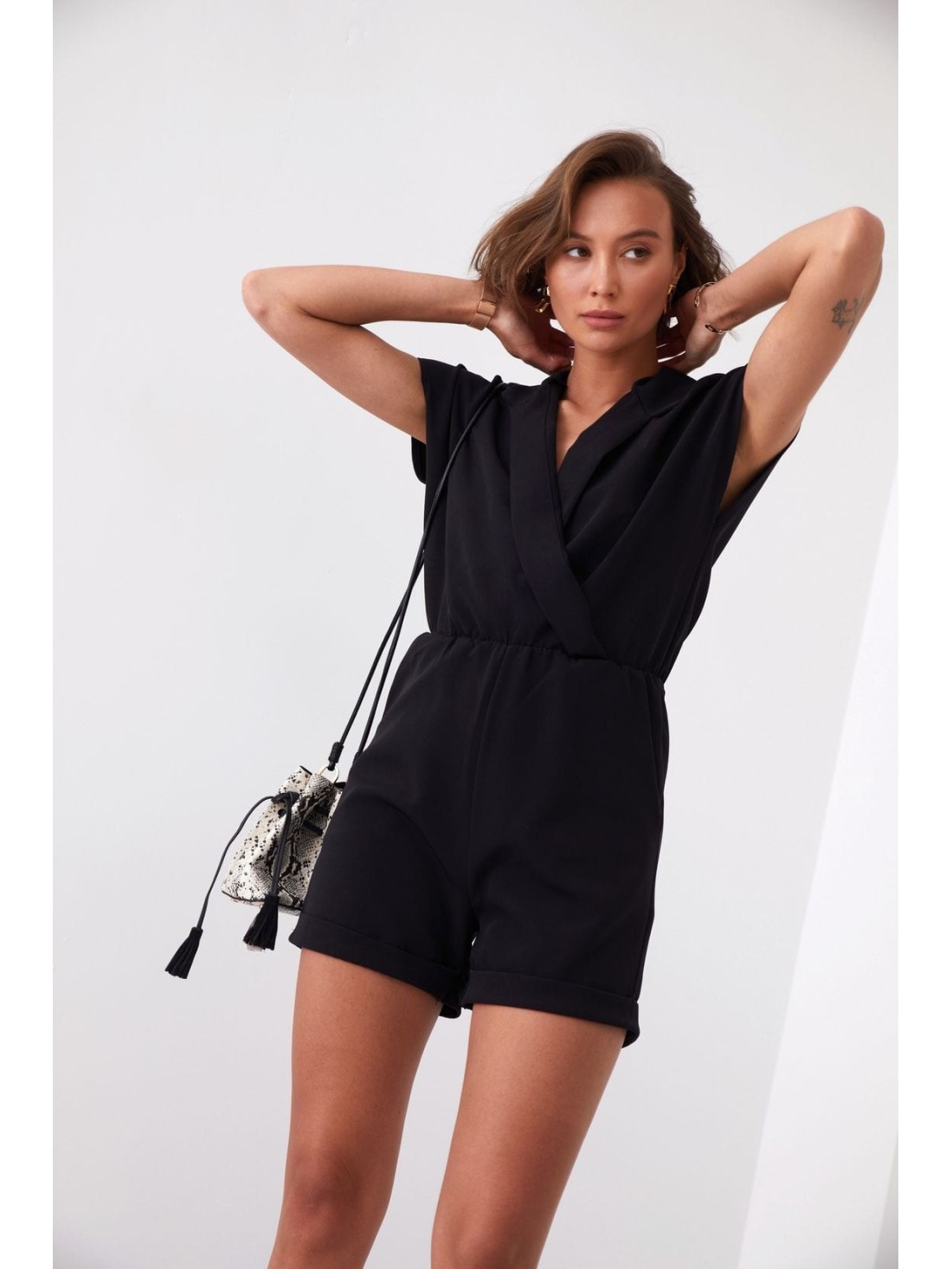 Elegant jumpsuit with an envelope neckline, black 5132 - Online store - Boutique